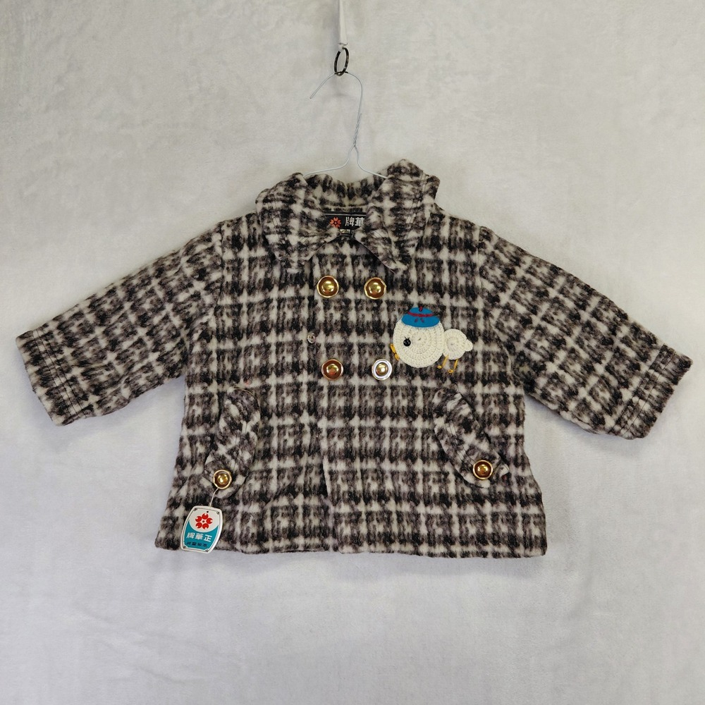 Vintage Kids Plaid Double Breasted Coat Brown Cream Gold Buttons Crochet Chick